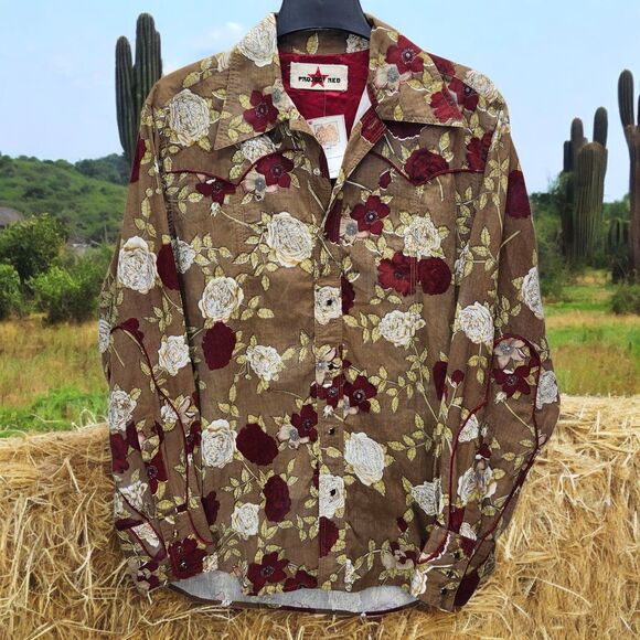 Vintage Project Red Western Shirt Mens L-XL Brown Red Floral Amber Snaps Casual - Picture 1 of 12